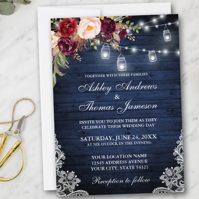 Invitación Rústico Boda Blue Wood Luces Jars Lace Floral (Customize to add more text or photos to back of card.)