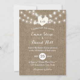 Invitación Rústico Boda Burlap String ilumina flecha y corazó