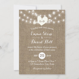Invitación Rústico Boda Burlap String ilumina flecha y corazó