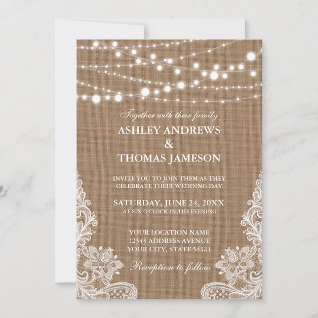 Invitación Rústico Boda Burlap String Lights Lace Card (Anverso)