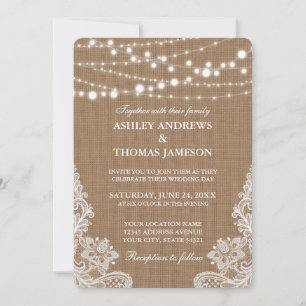 Invitación Rústico Boda Burlap String Lights Lace Card R