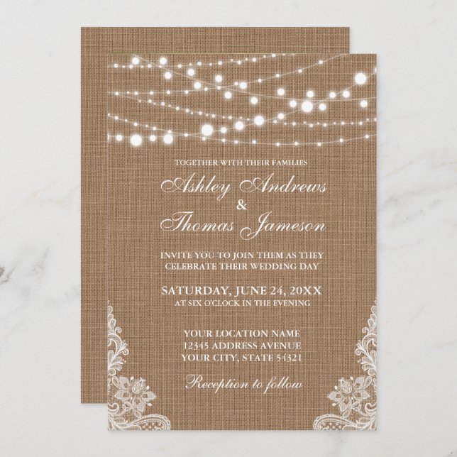 Invitación Rústico Boda Burlap String Luces Lace Invitar PB (Anverso / Reverso)