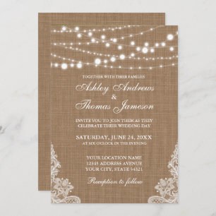 Invitación Rústico Boda Burlap String Luces Lace Invitar PB
