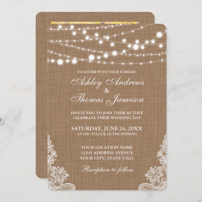 Invitación Rústico Boda Burlap String Luces Lace Invitar PR (Anverso / Reverso)