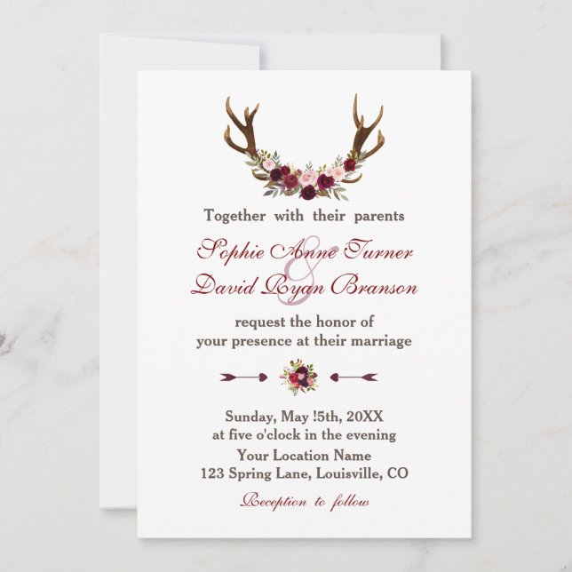 Invitación Rústico Boda de Antillas Florales de Borgoña Marsa (Anverso)