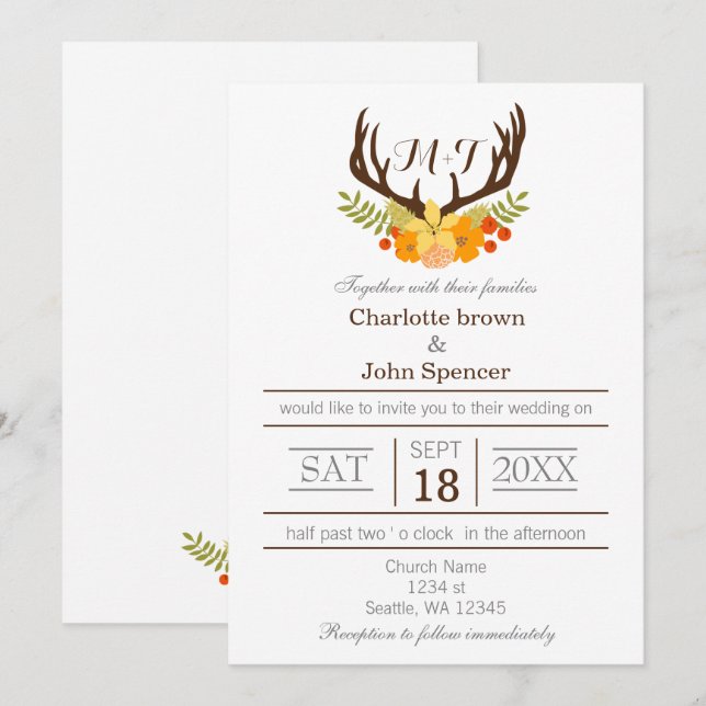 Invitación Rústico Boda de Antler Deer Floral Woodland (Anverso / Reverso)