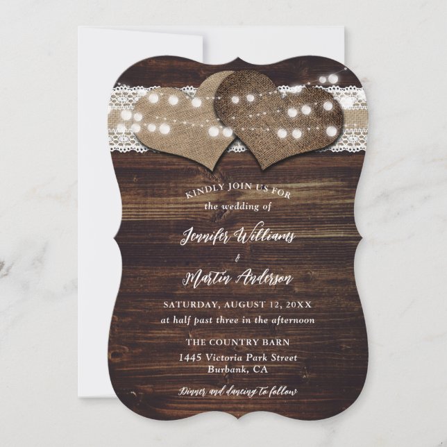 Invitación Rústico Boda de arbustos de madera y encaje (Anverso)