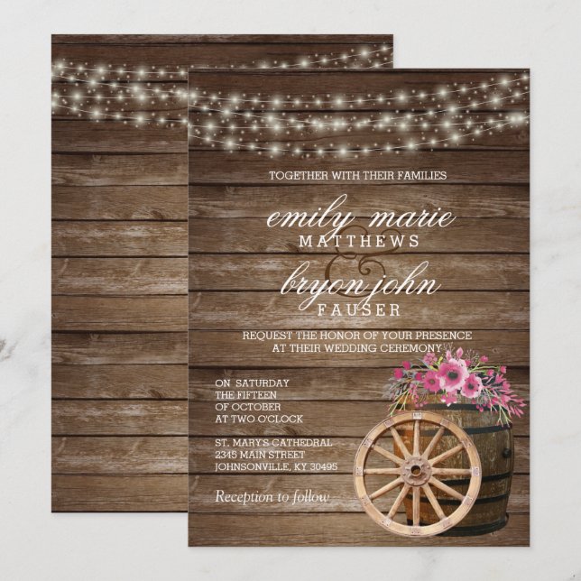 Invitación Rústico Boda de barril de madera con floral rosa (Anverso / Reverso)