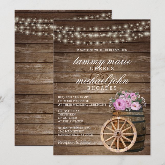 Invitación Rústico Boda de barril de madera con floral rosa B (Anverso / Reverso)