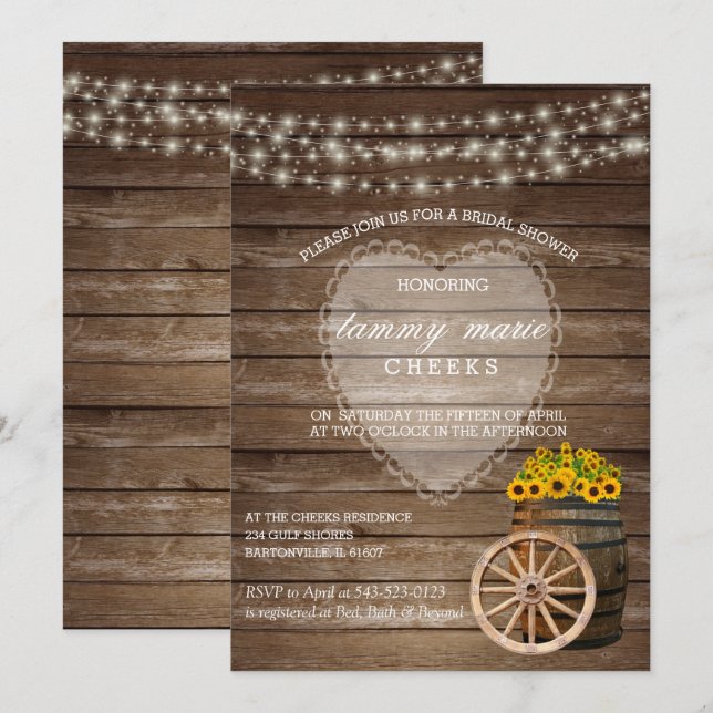 Invitación Rústico Boda de barril de madera con girasoles (Anverso / Reverso)