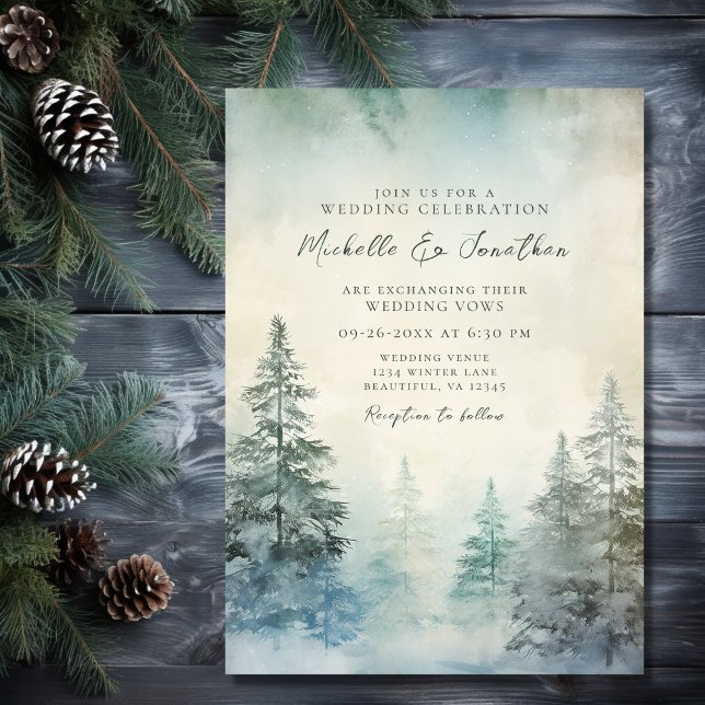 Invitación Rústico Boda de bosques de pinos de invierno (Front - Rustic Winter Pine Forest Woodland Wedding Invitation)