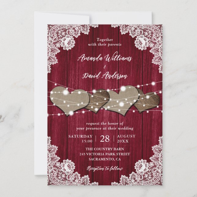 Invitación Rústico Boda de Burlap Lace de la Madera de Borgoñ (Anverso)