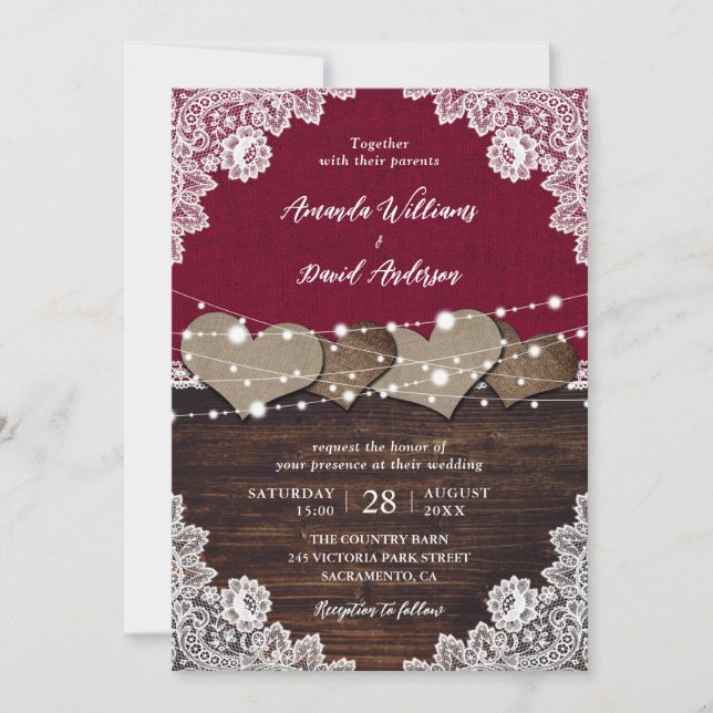 Invitación Rústico Boda de Burlap Lace de la Madera de Borgoñ (Anverso)