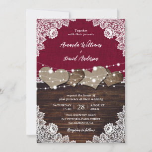 Invitación Rústico Boda de Burlap Lace de la Madera de Borgoñ