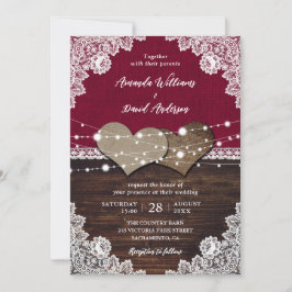Invitación Rústico Boda de Burlap Lace de la Madera de Borgoñ