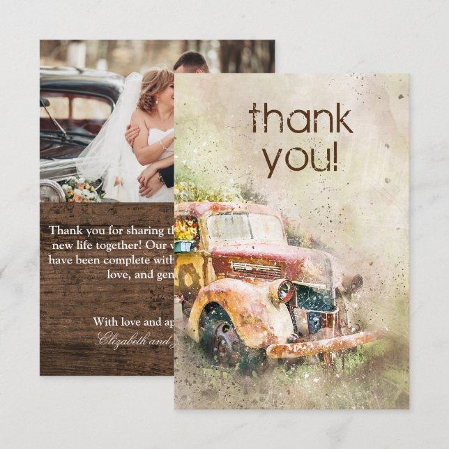Invitación Rústico Boda de camionetas de época. Gracias (Anverso / Reverso)