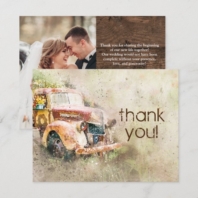 Invitación Rústico Boda de camionetas de época. Gracias (Anverso / Reverso)