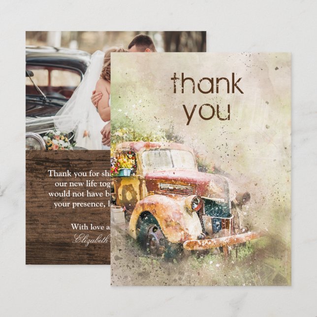 Invitación Rústico Boda de camionetas de época. Gracias (Anverso / Reverso)