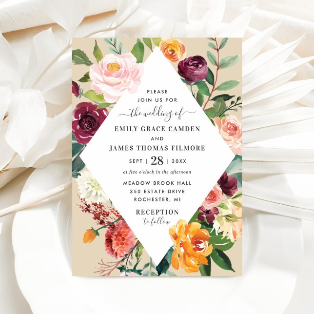 Invitación Rústico Boda de diamantes florales en caída de Bor (Subido por el creador)