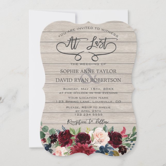 Invitación Rústico Boda de escritura a mano de madera floral  (Anverso)