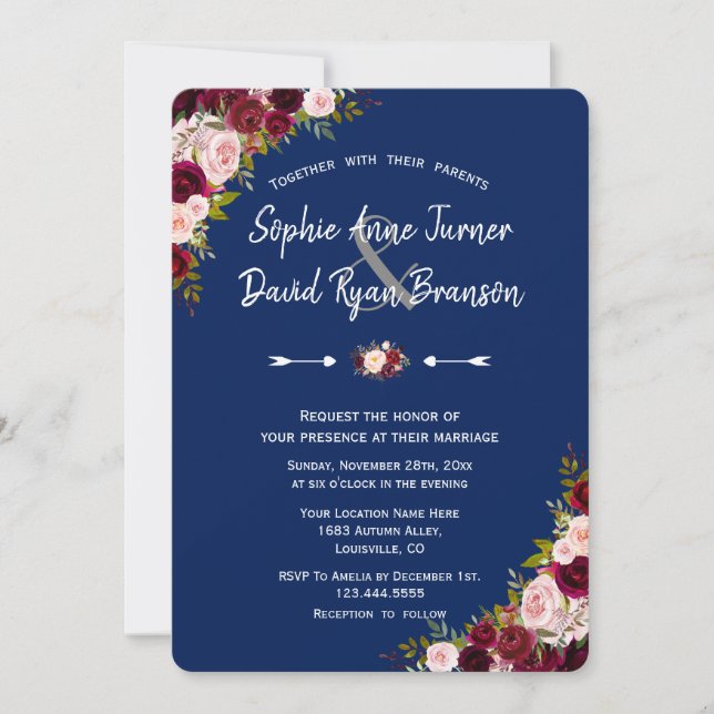 Invitación Rústico Boda de escritura a mano floral de Borgoña (Anverso)