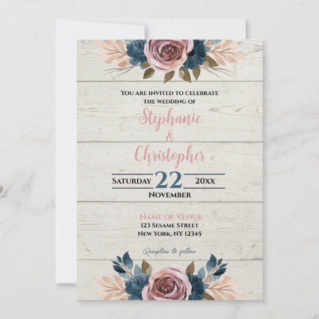 Invitación Rústico Boda de Floral de Madera de Madera (Anverso)