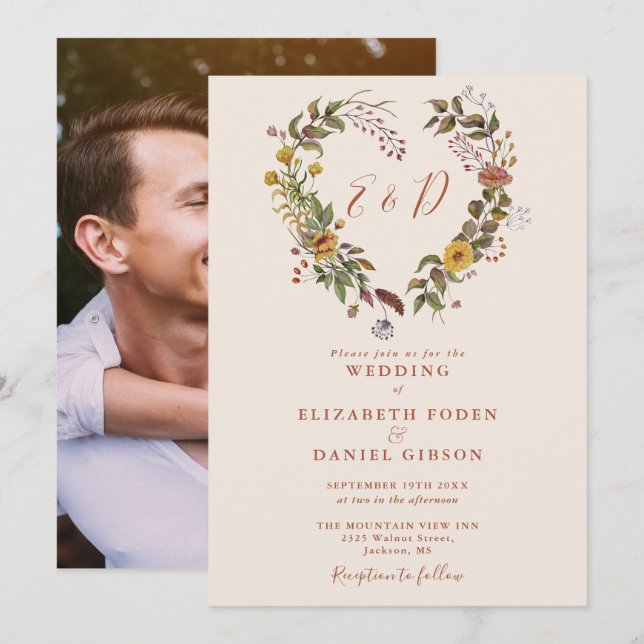 Invitación Rústico Boda de fotografía de floral de otoño en o (Anverso / Reverso)