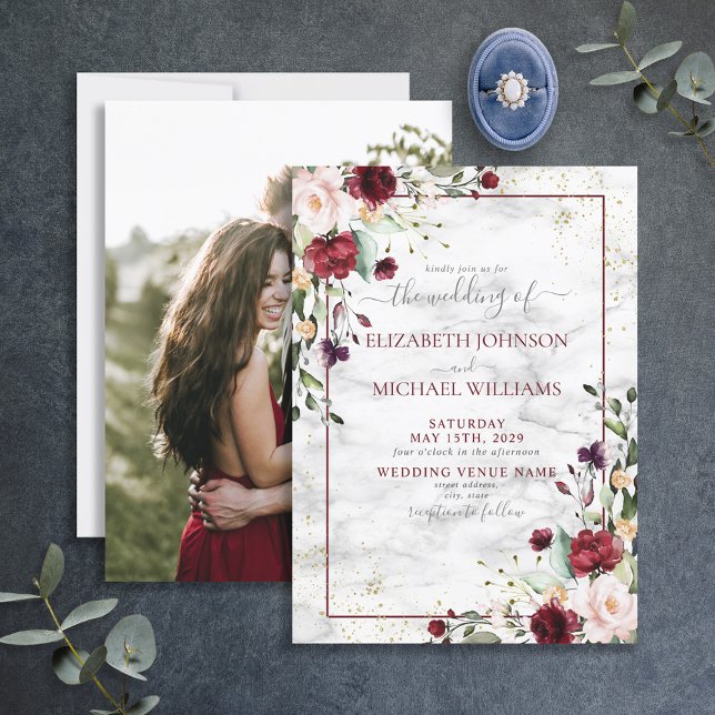 Invitación Rústico Boda de fotos con flores rosadas de Rubor  (Subido por el creador)