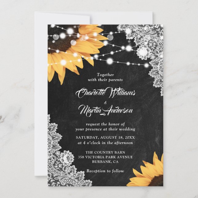 Invitación Rústico Boda de girasol de encaje negro (Anverso)