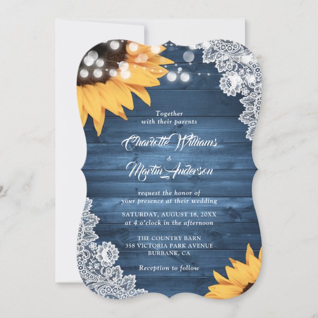 Invitación Rústico Boda de girasol de madera azul (Anverso)