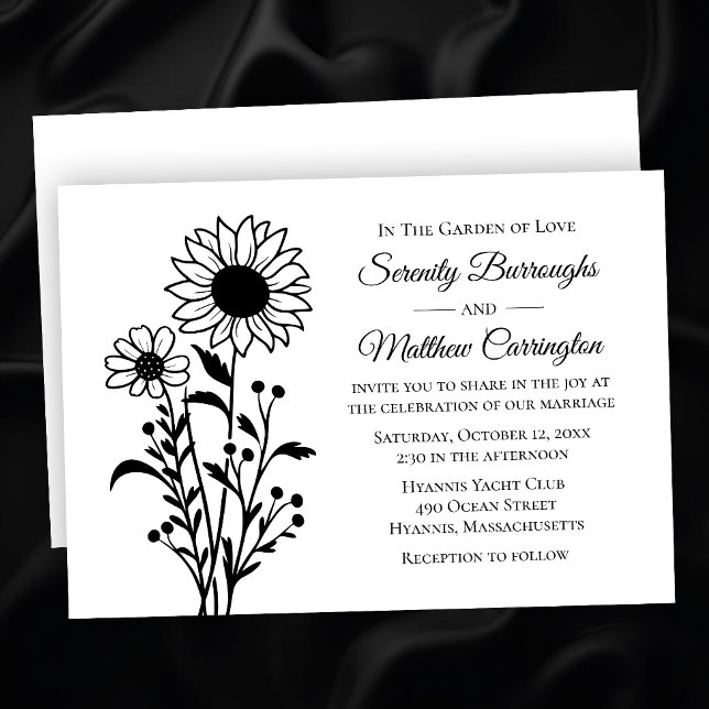 Invitación Rústico Boda de girasol floral blanco negro (Subido por el creador)