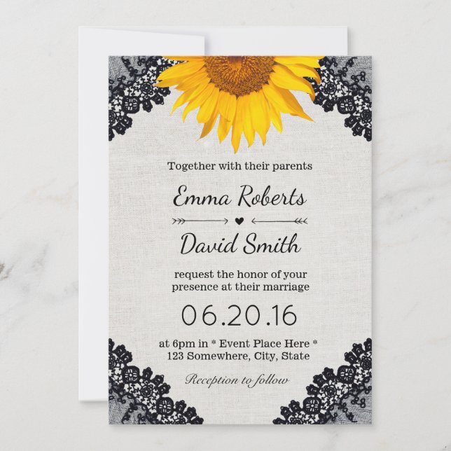 Invitación Rústico Boda de girasol Lino Negro Elegante (Anverso)