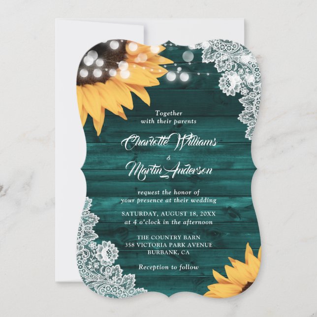 Invitación Rústico Boda de girasol Verde azulado Wood Lace (Anverso)