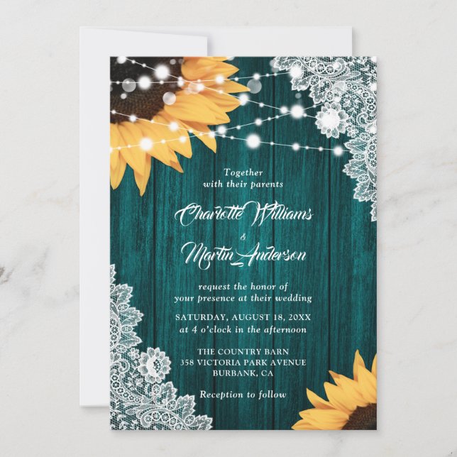 Invitación Rústico Boda de girasol Verde azulado Wood Lace (Anverso)