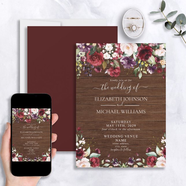 Invitación Rústico Boda de guión de madera floral de Borgoña (Subido por el creador)