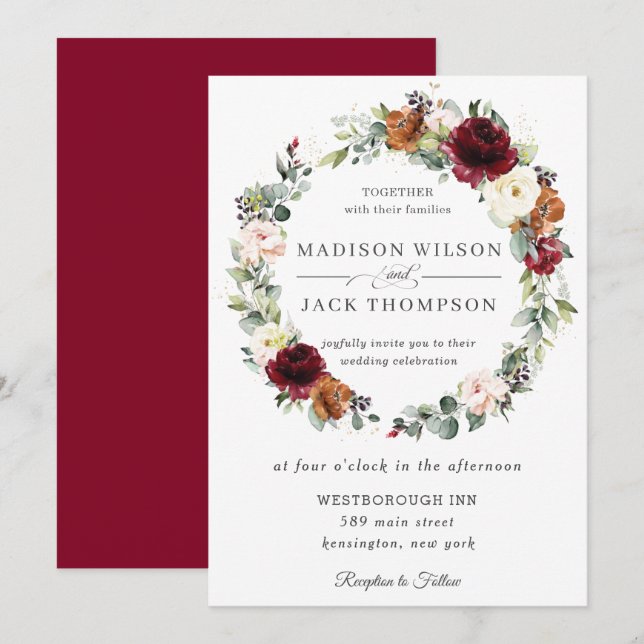 Invitación Rústico Boda de guirnaldas florales de Naranja de  (Anverso / Reverso)