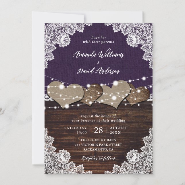 Invitación Rústico Boda de la leña morada de la leña (Anverso)