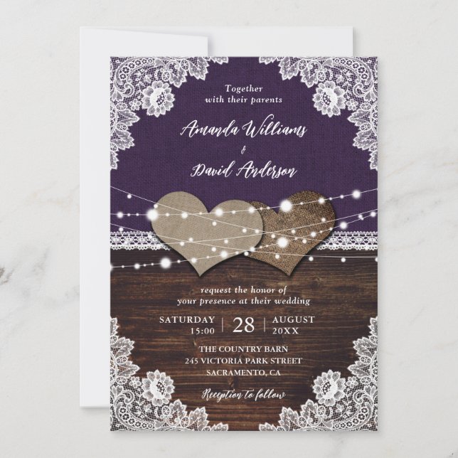 Invitación Rústico Boda de la leña morada de la leña (Anverso)