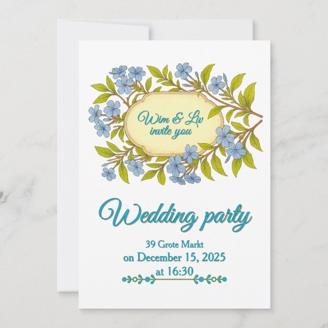 Invitación Rústico boda de lino azul de estilo floral (Reverso)