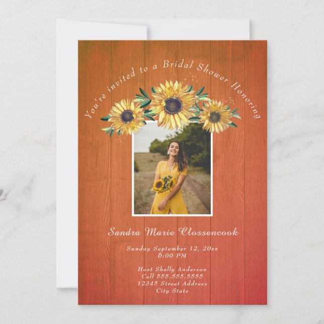 Invitación Rústico Boda de madera de girasol ducha de novia (Anverso)