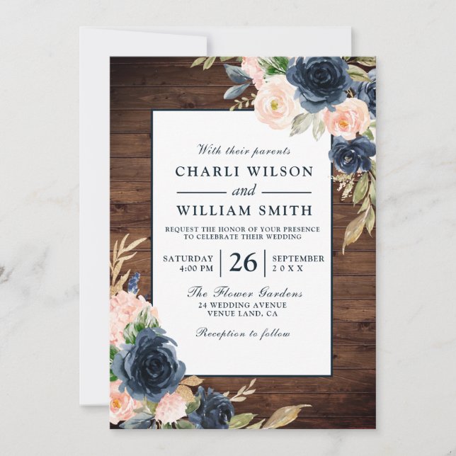 Invitación Rústico Boda de marcos florales de Rubor y Marina (Anverso)