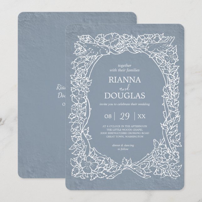 Invitación Rústico Boda de pájaro azul y floral blanco (Anverso / Reverso)