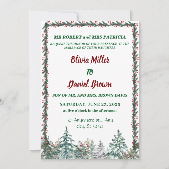 Invitación Rústico Boda de Pinos Árboles de Invierno (Anverso)