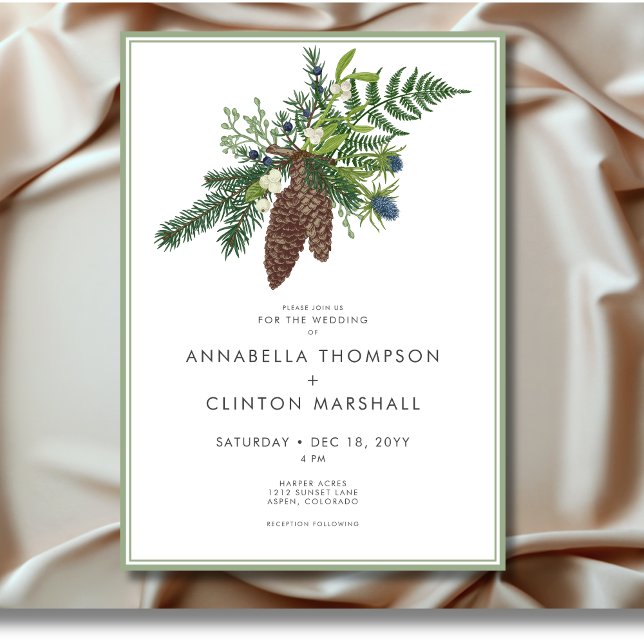 Invitación Rústico Boda de pulverización de pino y bayas de i (Rustic Winter Pine & Berries Spray Wedding Invitation)