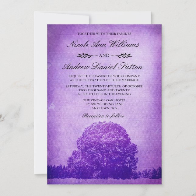 Invitación Rústico Boda de roble morado (Anverso)