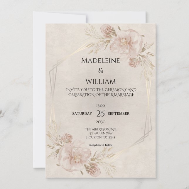 Invitación Rústico Boda de Rosas Rosa y Flores Silvestres (Anverso)