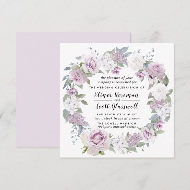 Invitación Rústico Boda de Rubor Morado White Floral Square (Anverso / Reverso)