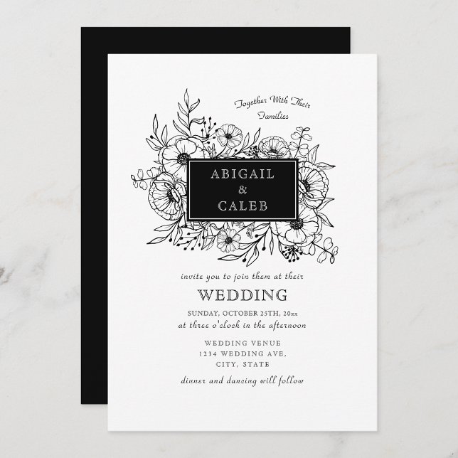 Invitación Rústico Boda de tinta floral en blanco y negro (Subido por el creador)