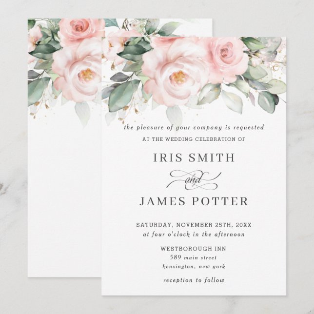 Invitación Rústico Boda de vegetación de Rosas florales rosas (Anverso / Reverso)