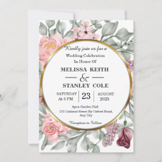 Invitación Rústico Boda de vegetación floral de marco rosado